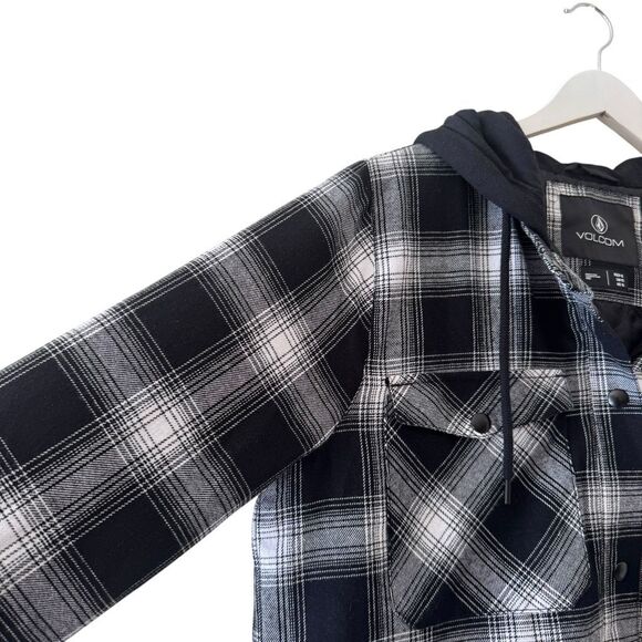 Volcom Hooded Black White Checkered Cotton Blend Ski Snowboard Lightweight Pocke - Picture 4 of 13